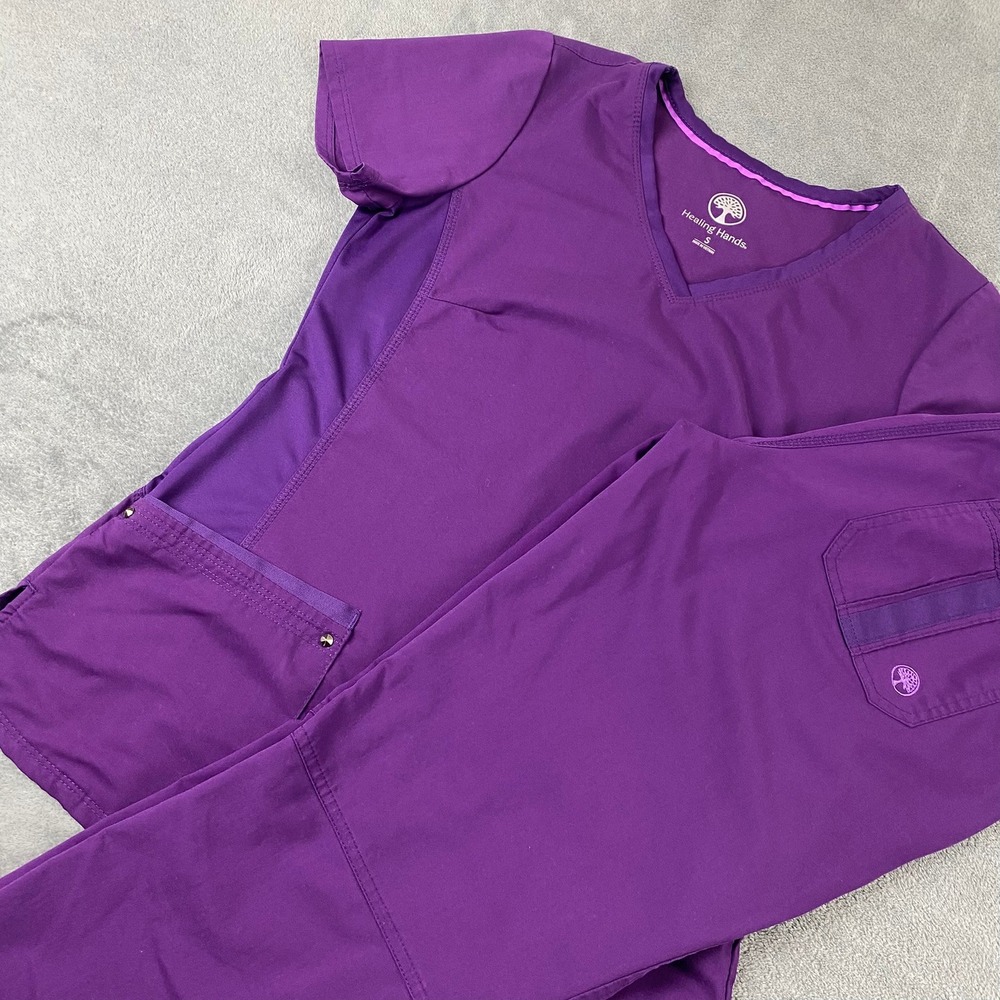 Healing Hands Womens S/SP Scrub Set Purple V-Neck Top Yoga Waist Pants